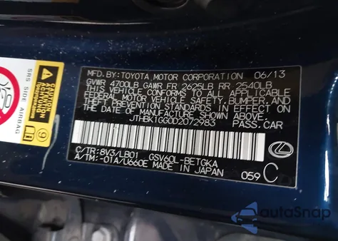 2013 Lexus Es 350 из США, поврежденный, VIN JTHBK1GG0D2072983